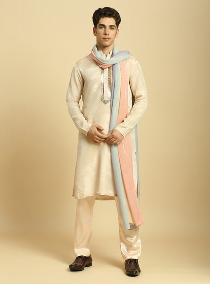 PEACH TISSUE KURTA WITH PANT WITH OMBRE DUPATTA