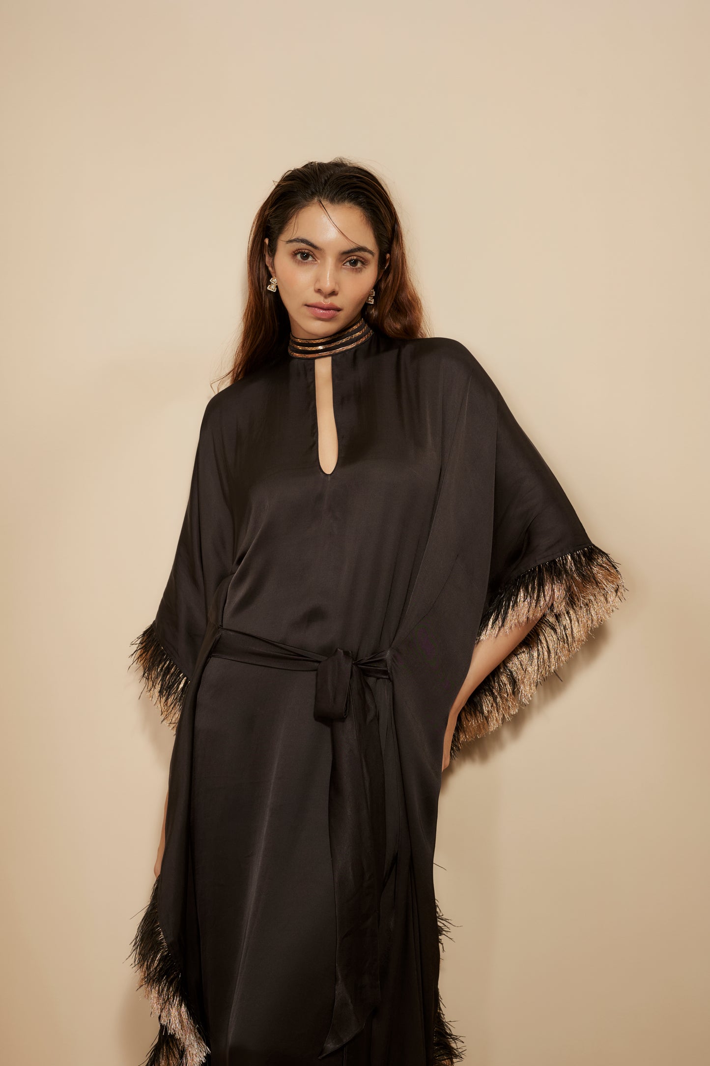 BLACK EMBROIDERED TIE-UP KAFTAN