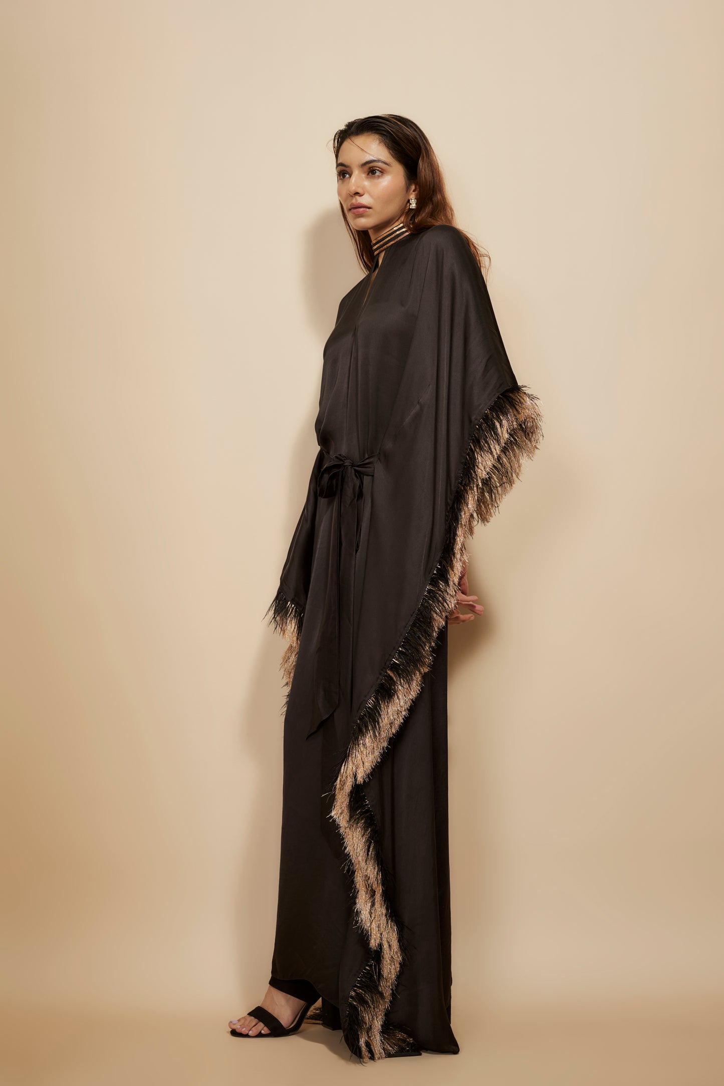 BLACK EMBROIDERED TIE-UP KAFTAN