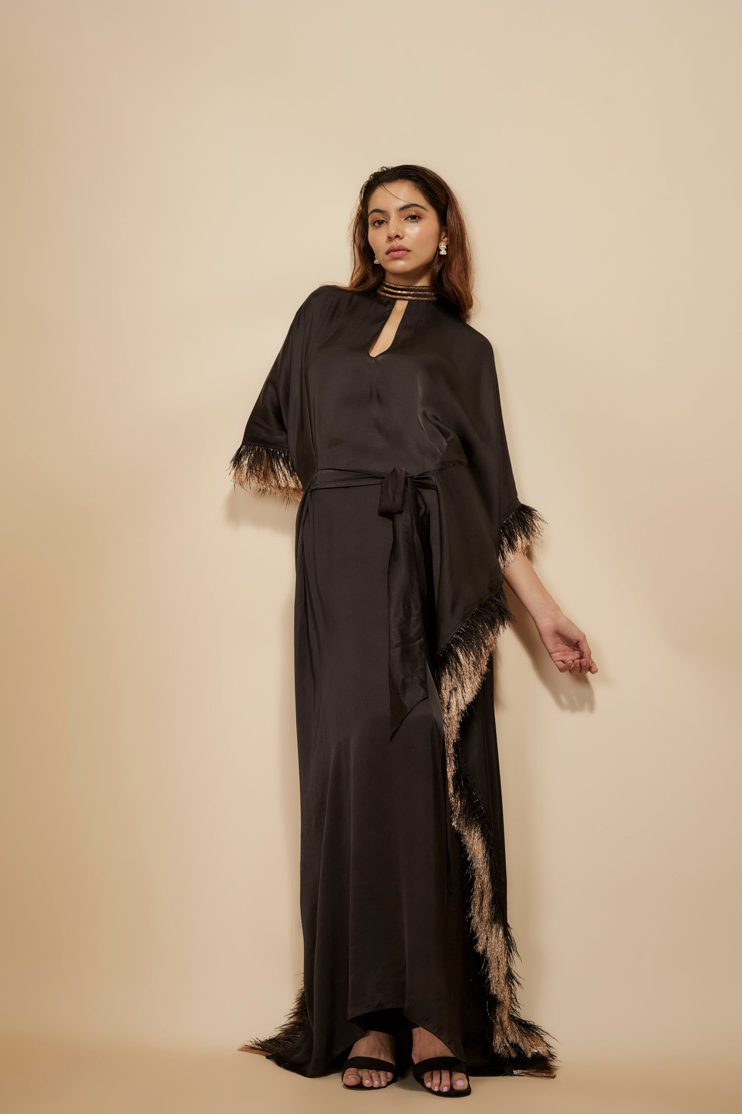 BLACK EMBROIDERED TIE-UP KAFTAN