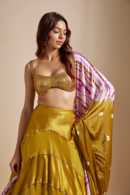 MUSTARD BLOCK SKIRT WITH BADLA EMBROIDERED BLOUSE WITH SHIBORI DUPATTA