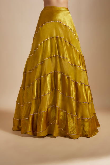 MUSTARD BLOCK SKIRT WITH BADLA EMBROIDERED BLOUSE WITH SHIBORI DUPATTA