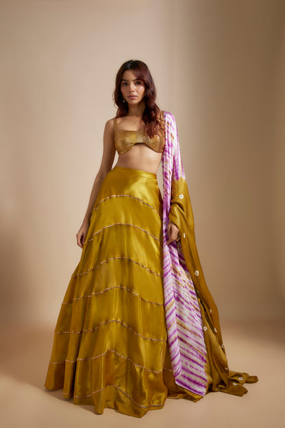 MUSTARD BLOCK SKIRT WITH BADLA EMBROIDERED BLOUSE WITH SHIBORI DUPATTA