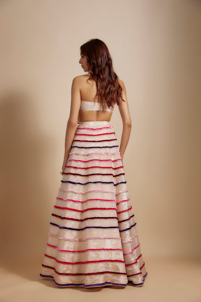 PEACH MULTIPLE-COLOURED EMBROIDERED LEHENGA WITH BOW BLOUSE