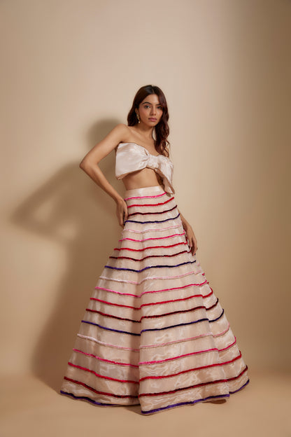 PEACH MULTIPLE-COLOURED EMBROIDERED LEHENGA WITH BOW BLOUSE