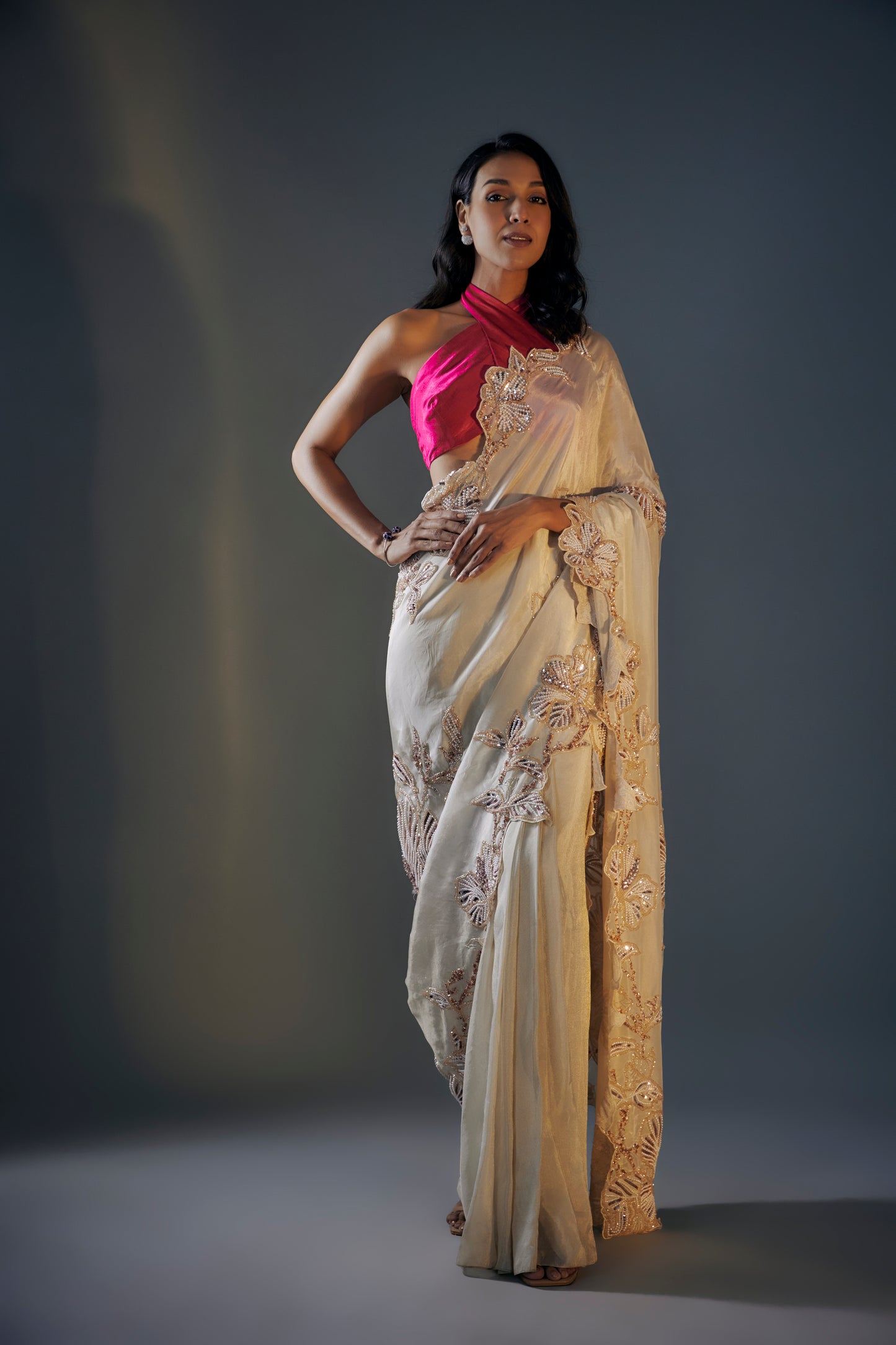 BEIGE AND HOT PINK SAREE SET