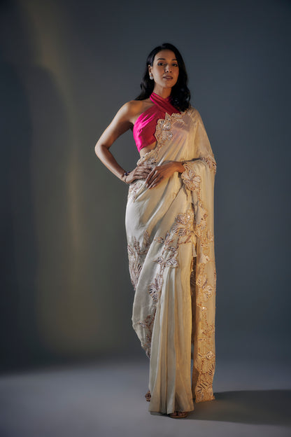 BEIGE AND HOT PINK SAREE SET