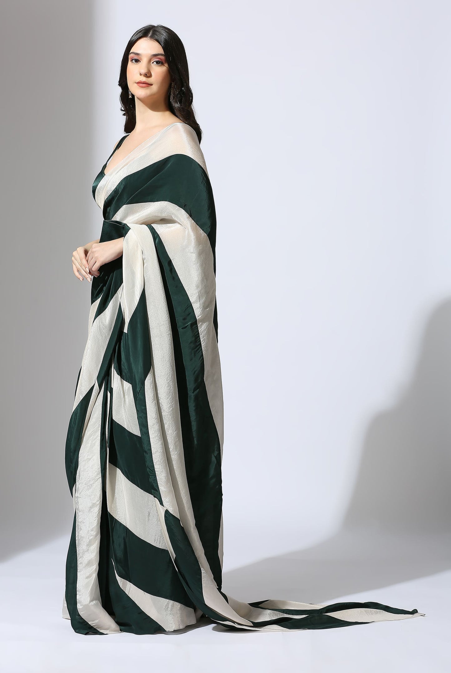 BOTTLE GREEN AND BEIGE  SAREE SET