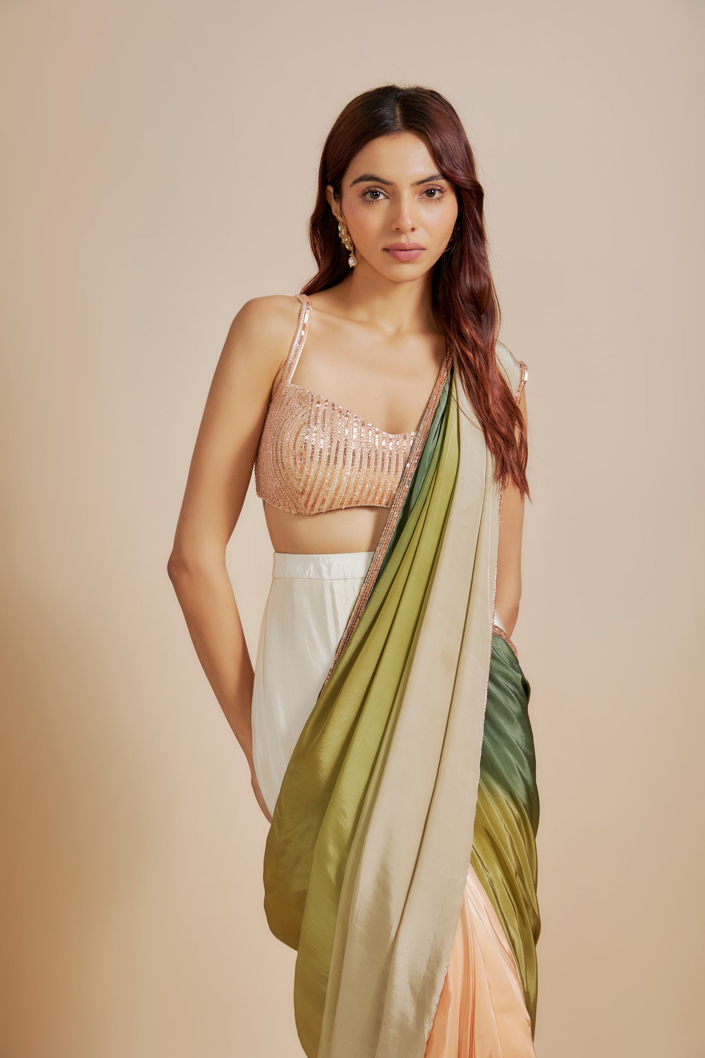 GREEN OMBRE SAREE WITH EMBROIDERED BLOUSE