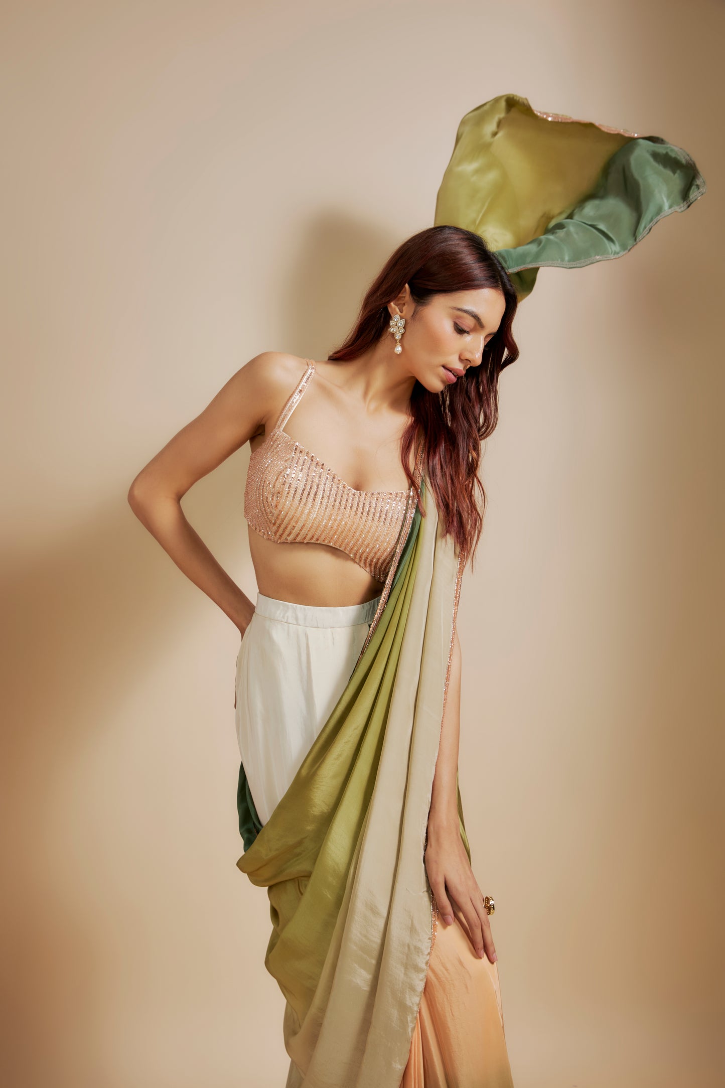 GREEN OMBRE SAREE WITH EMBROIDERED BLOUSE