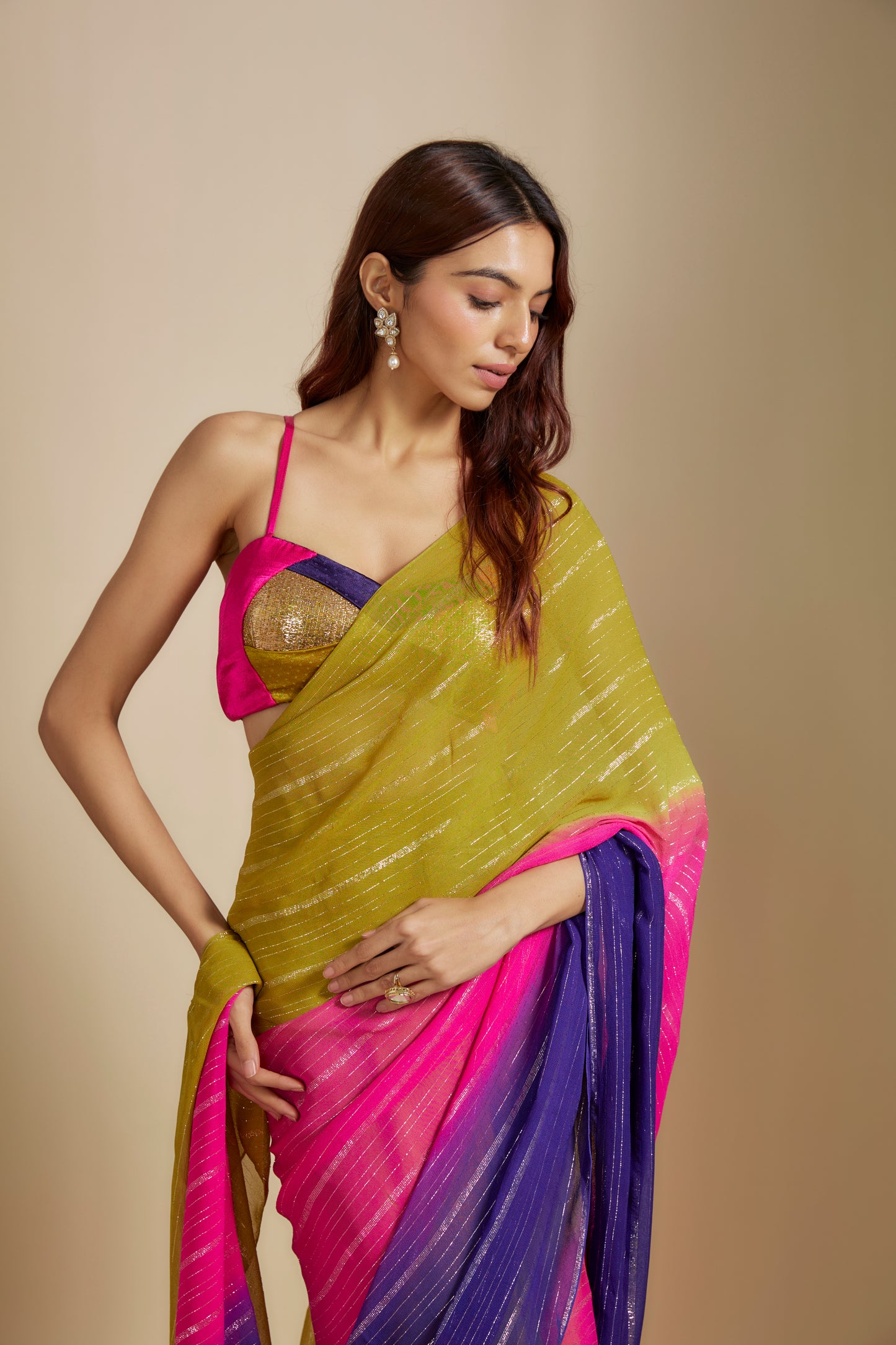 MUSTARD OMBRE SAREE WITH MULTI-COLOURED BLOUSE