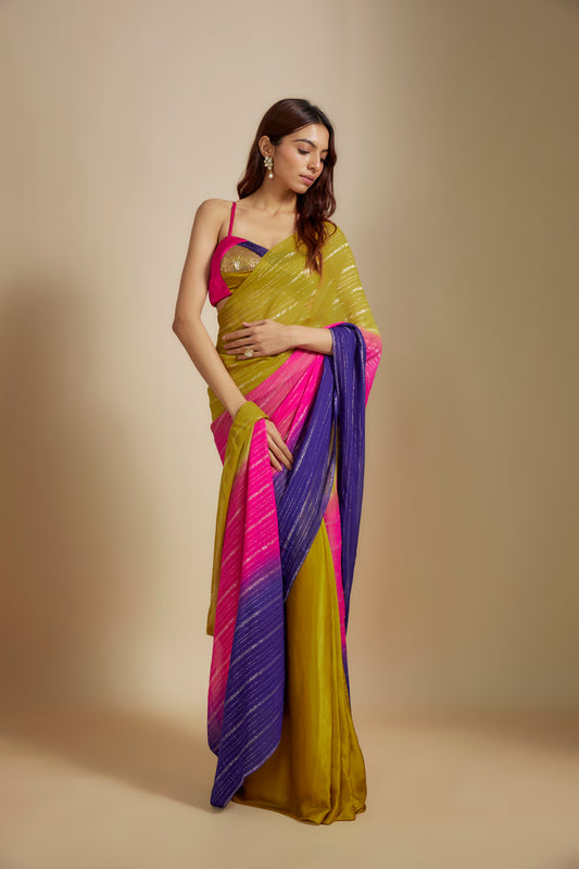 MUSTARD OMBRE SAREE WITH MULTI-COLOURED BLOUSE