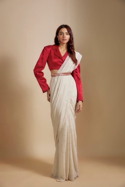 RED BLAZER WITH BEIGE SAREE WITH EMBROIDERD BELT