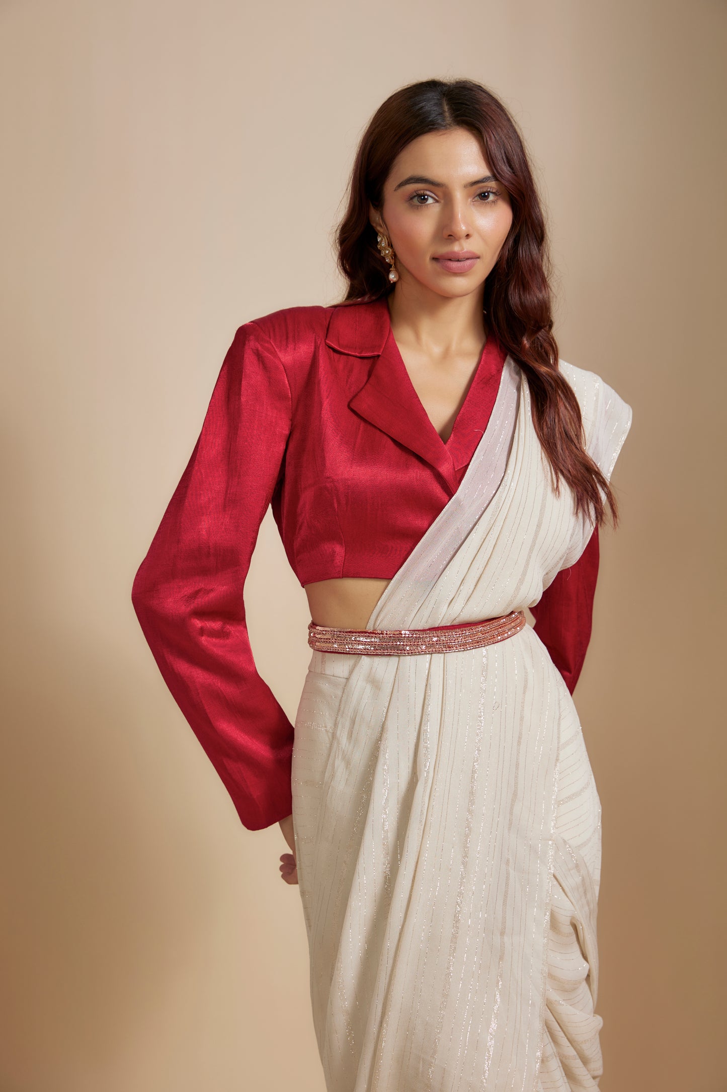 RED BLAZER WITH BEIGE SAREE WITH EMBROIDERD BELT