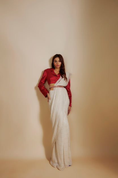 RED BLAZER WITH BEIGE SAREE WITH EMBROIDERD BELT