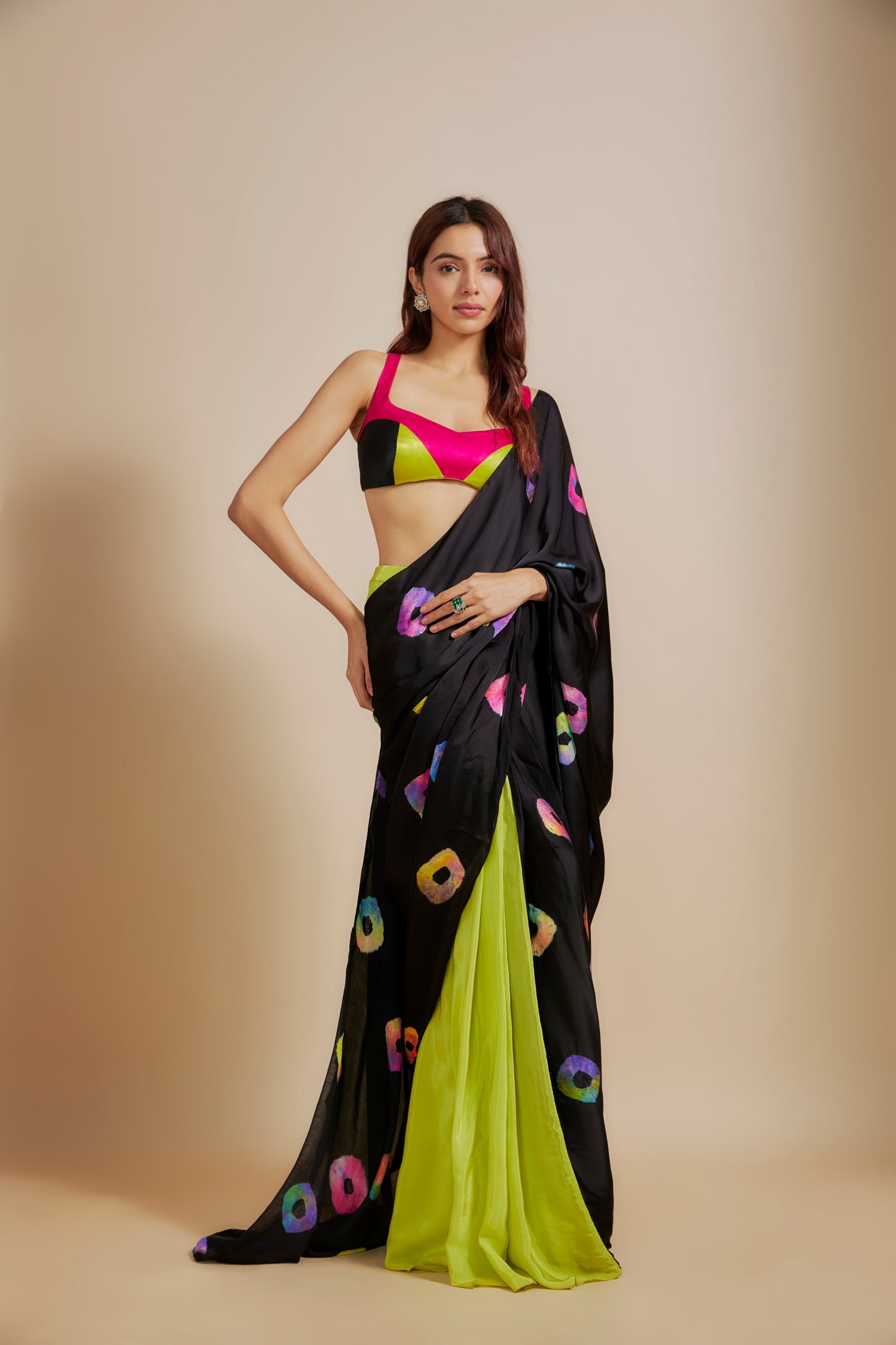 BLACK  SHIBORI SAREE WITH MULTI-COLOUR BLOUSE