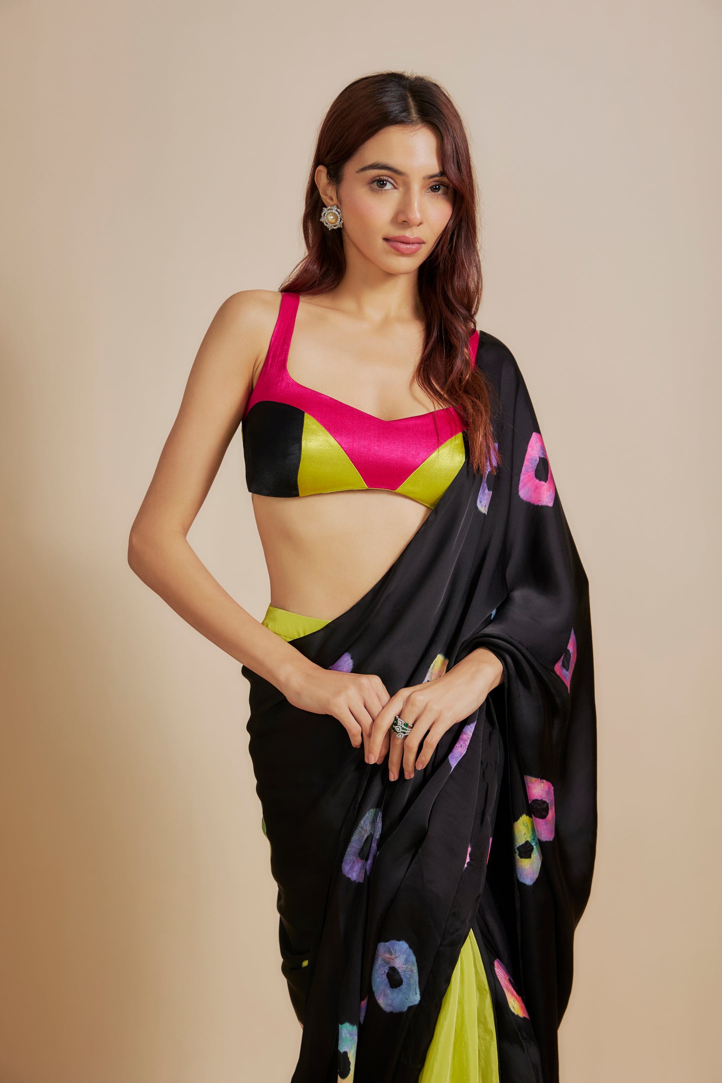 BLACK  SHIBORI SAREE WITH MULTI-COLOUR BLOUSE