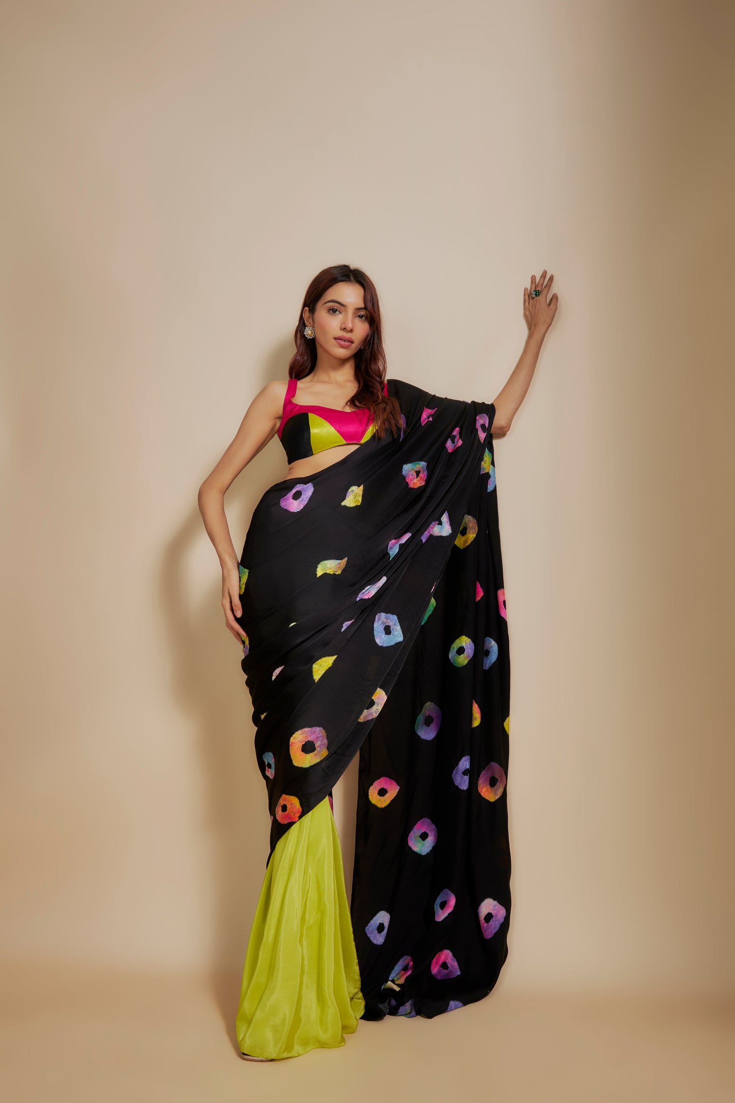 BLACK  SHIBORI SAREE WITH MULTI-COLOUR BLOUSE