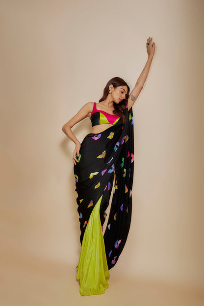 BLACK  SHIBORI SAREE WITH MULTI-COLOUR BLOUSE