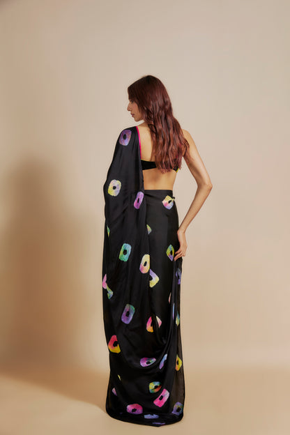 BLACK  SHIBORI SAREE WITH MULTI-COLOUR BLOUSE