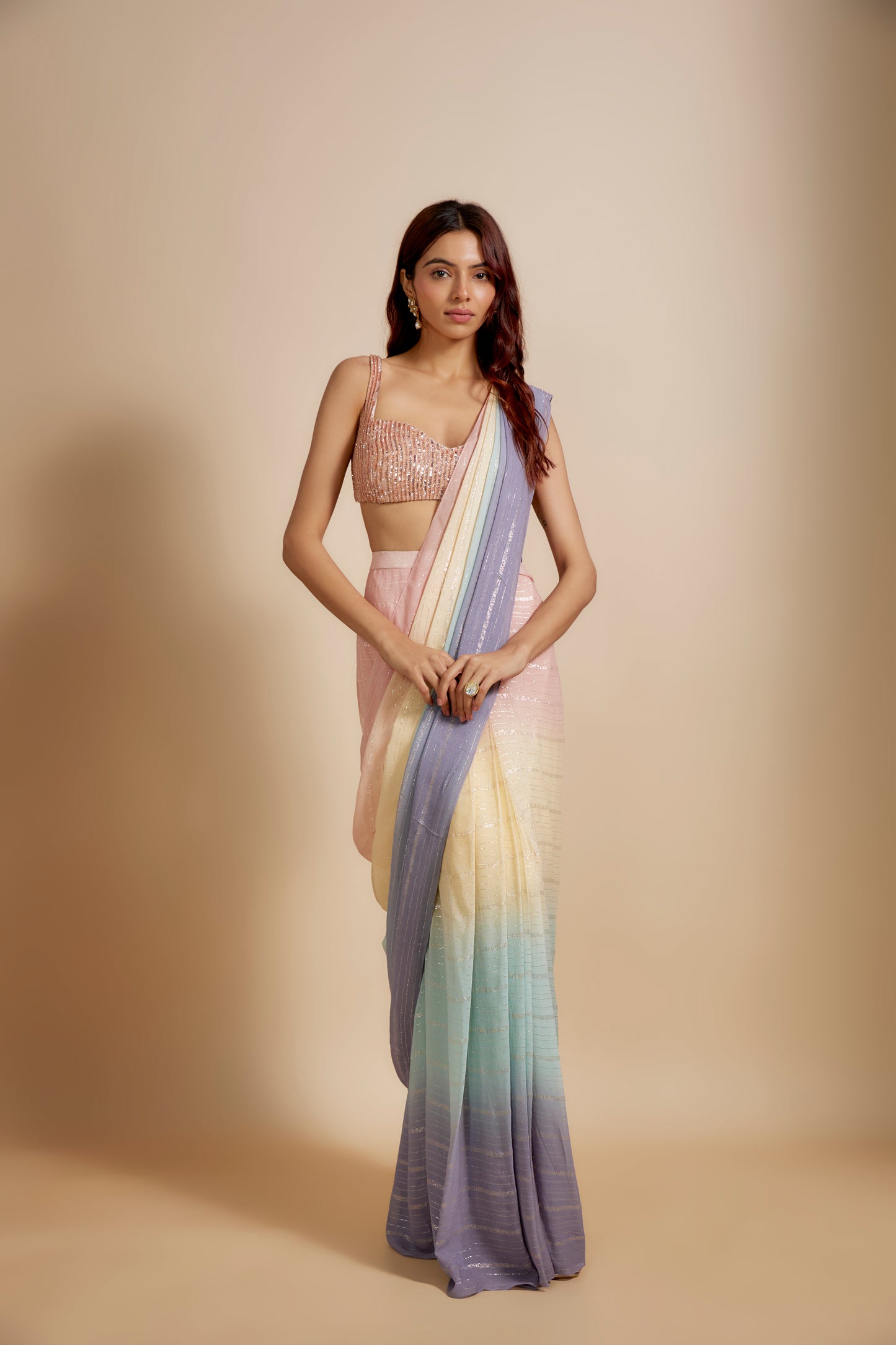 MULTI-COLOUR OMBRE SAREE WITH EMBROIDERED BLOUSE