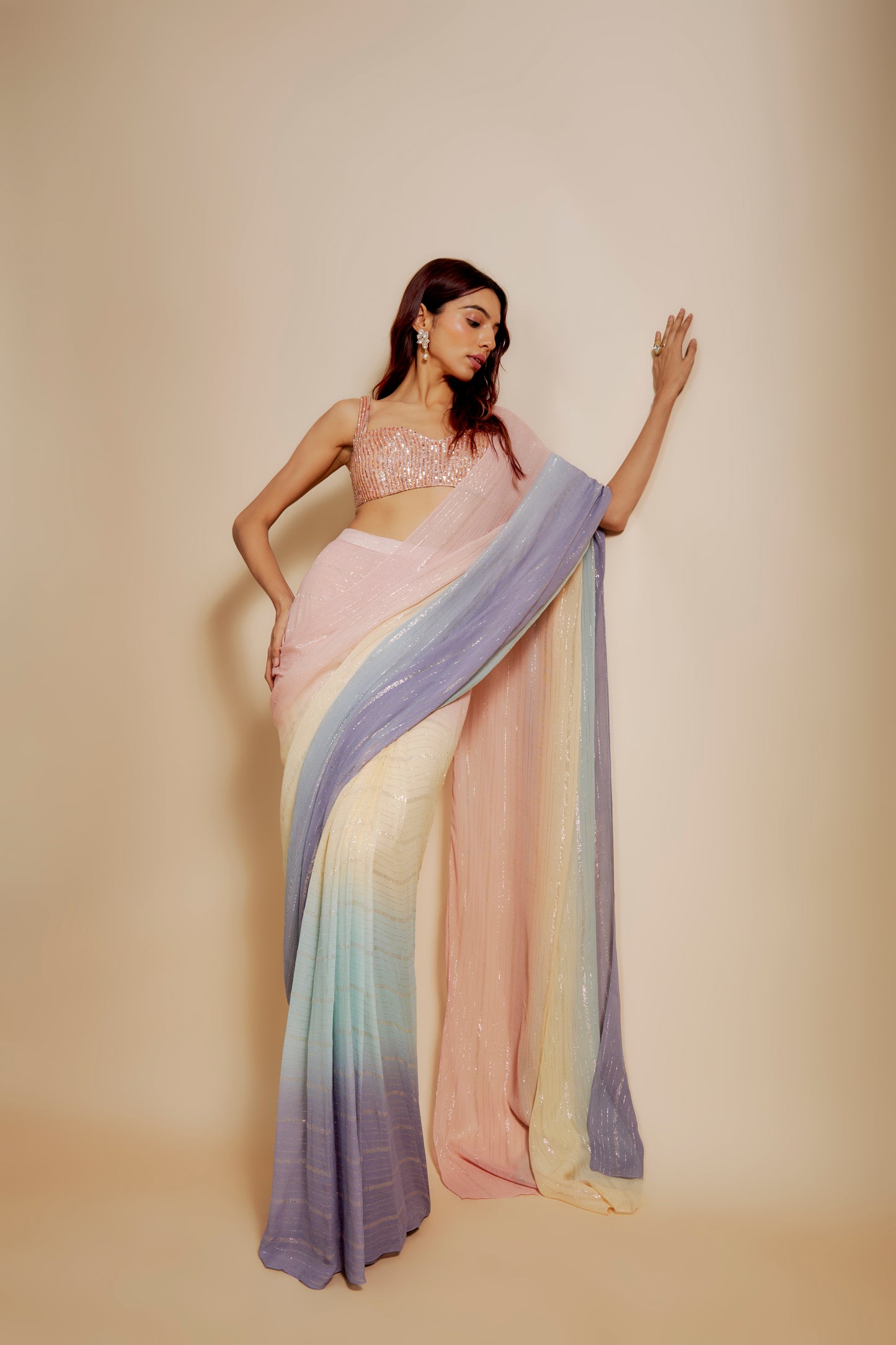 MULTI-COLOUR OMBRE SAREE WITH EMBROIDERED BLOUSE