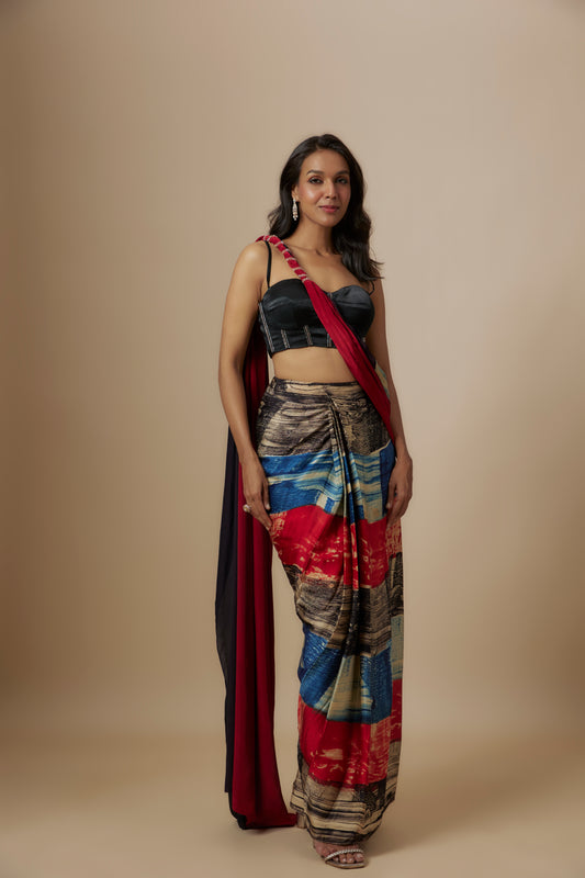 RUST AJRAKH PRINTED SAREE WITH BLACK BLOUSE