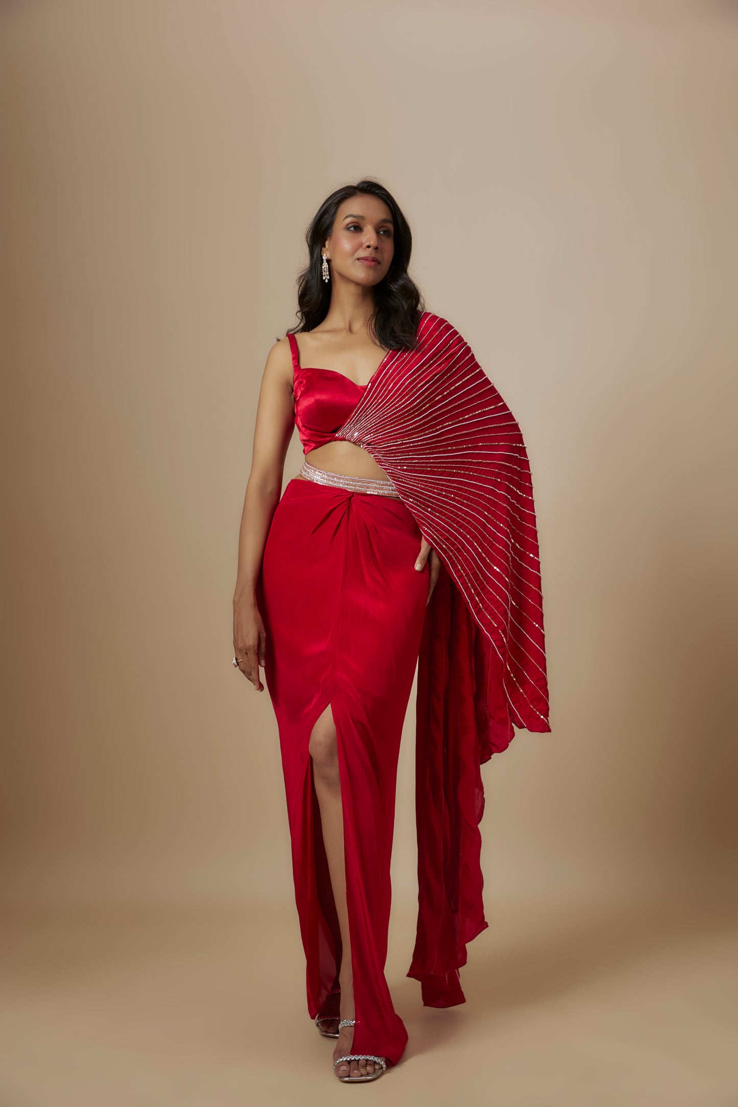 RED SKIRT WITH DRAPE BLOUSE