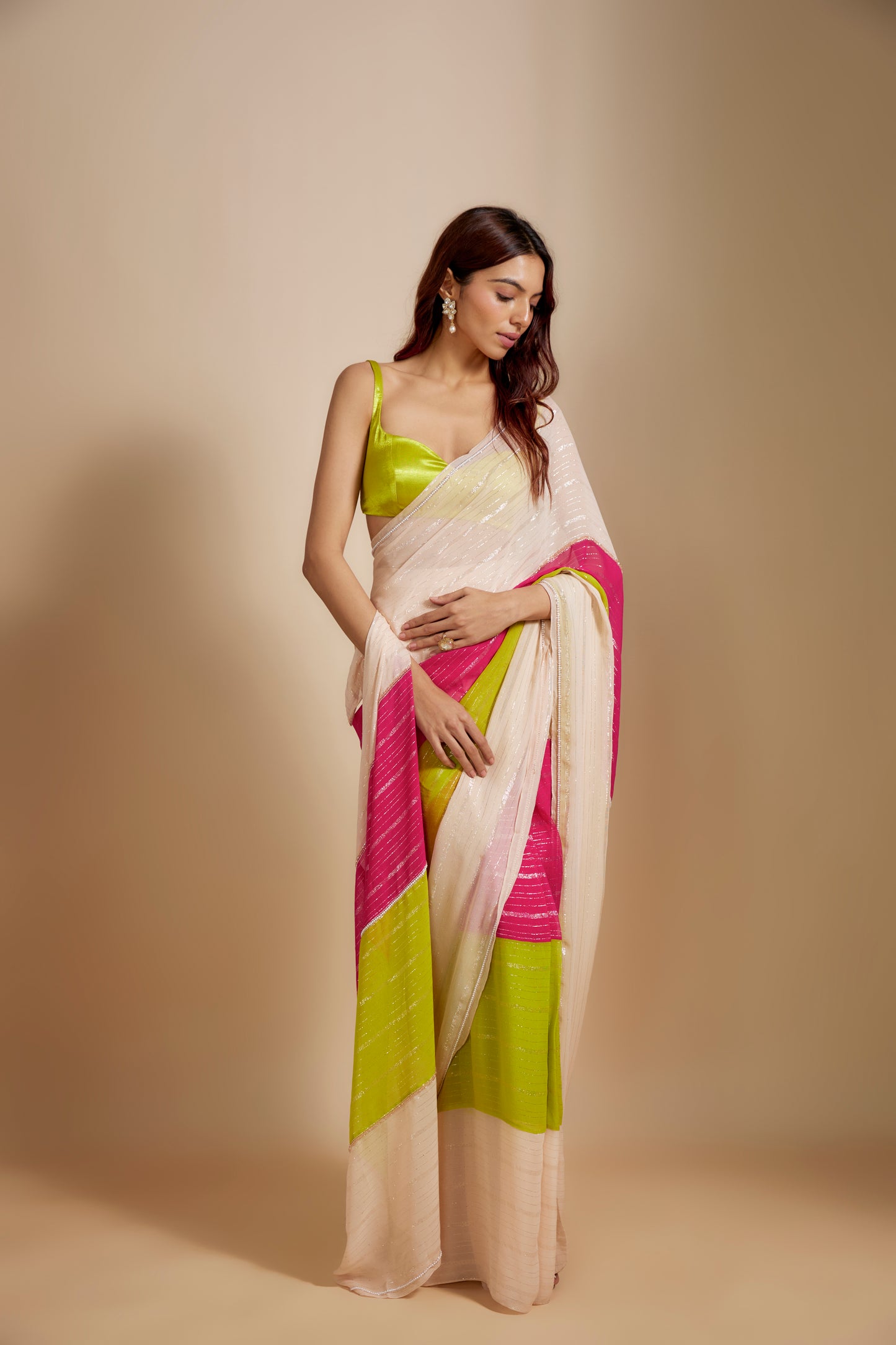 MULTI-COLOUR  BLOCK SAREE WITH NEON GREEN BLOUSE