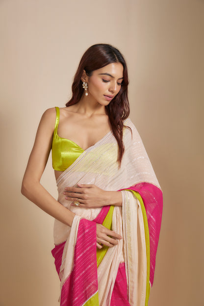 MULTI-COLOUR  BLOCK SAREE WITH NEON GREEN BLOUSE