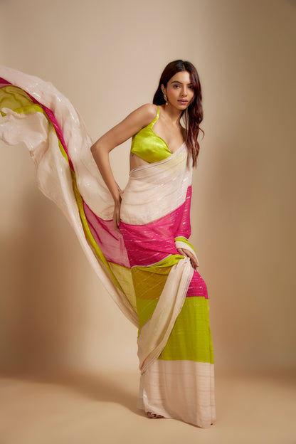 MULTI-COLOUR  BLOCK SAREE WITH NEON GREEN BLOUSE