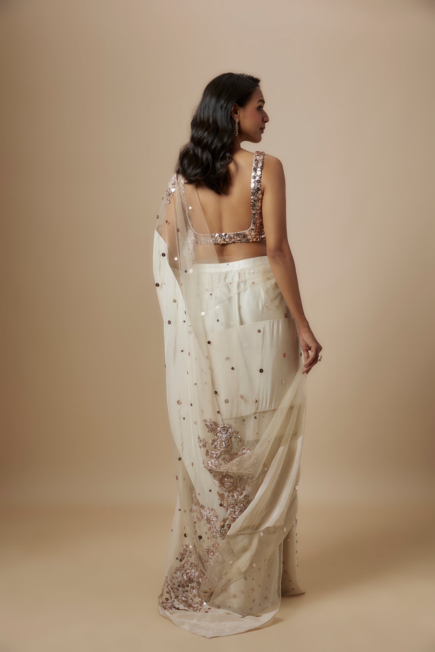 BEIGE BLOCK  EMBROIDERED SAREE WITH EMBROIDERED BLOUSE