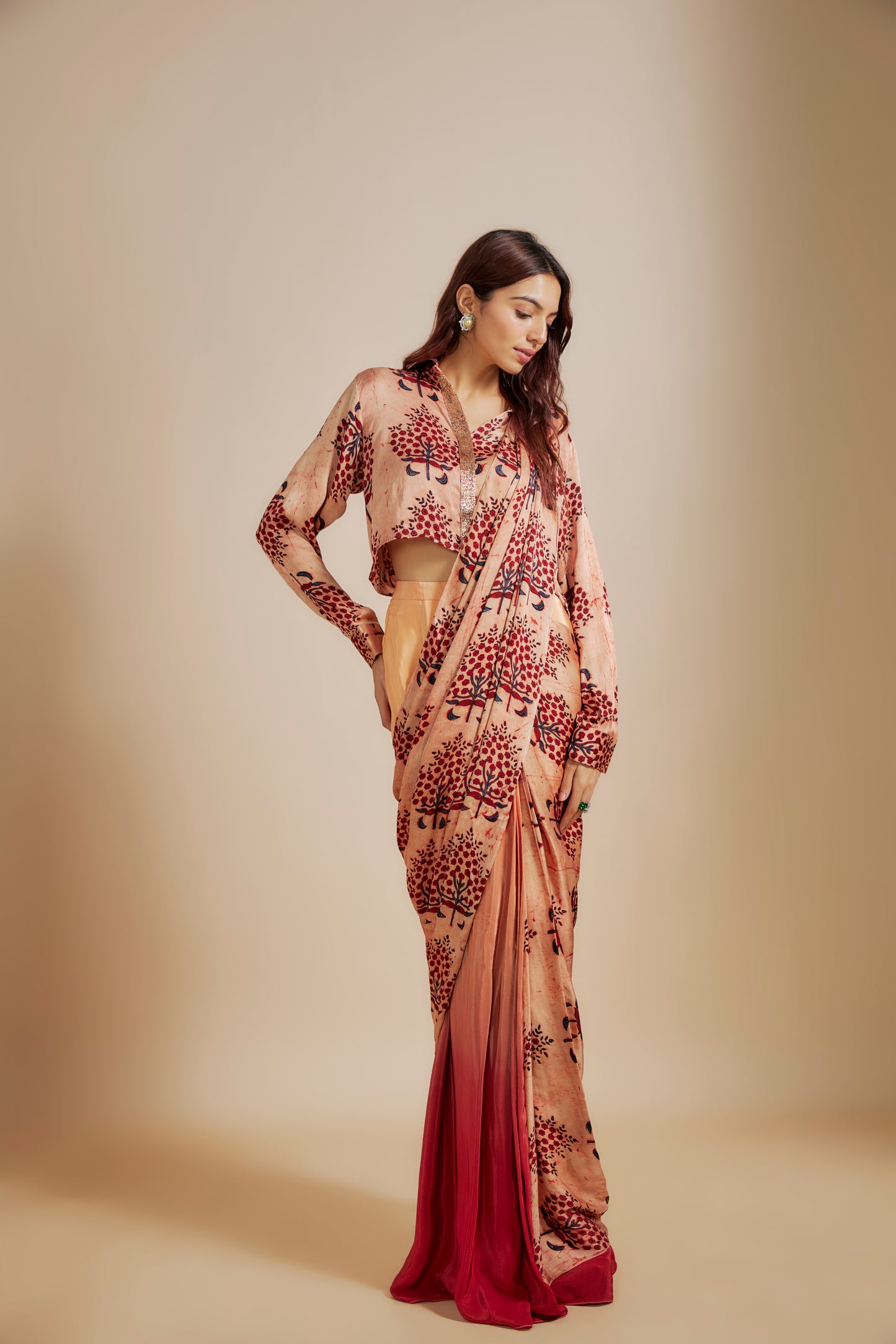 PEACH AJRAKH PRINTED SHIRT WITH SAREE