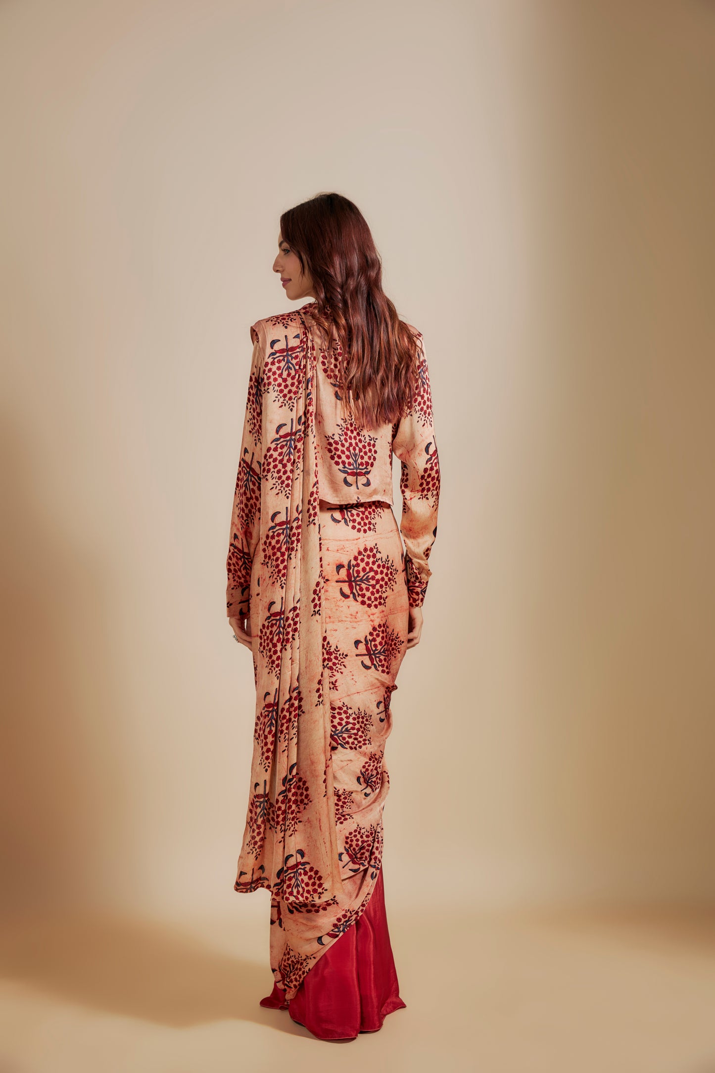 PEACH AJRAKH PRINTED SHIRT WITH SAREE