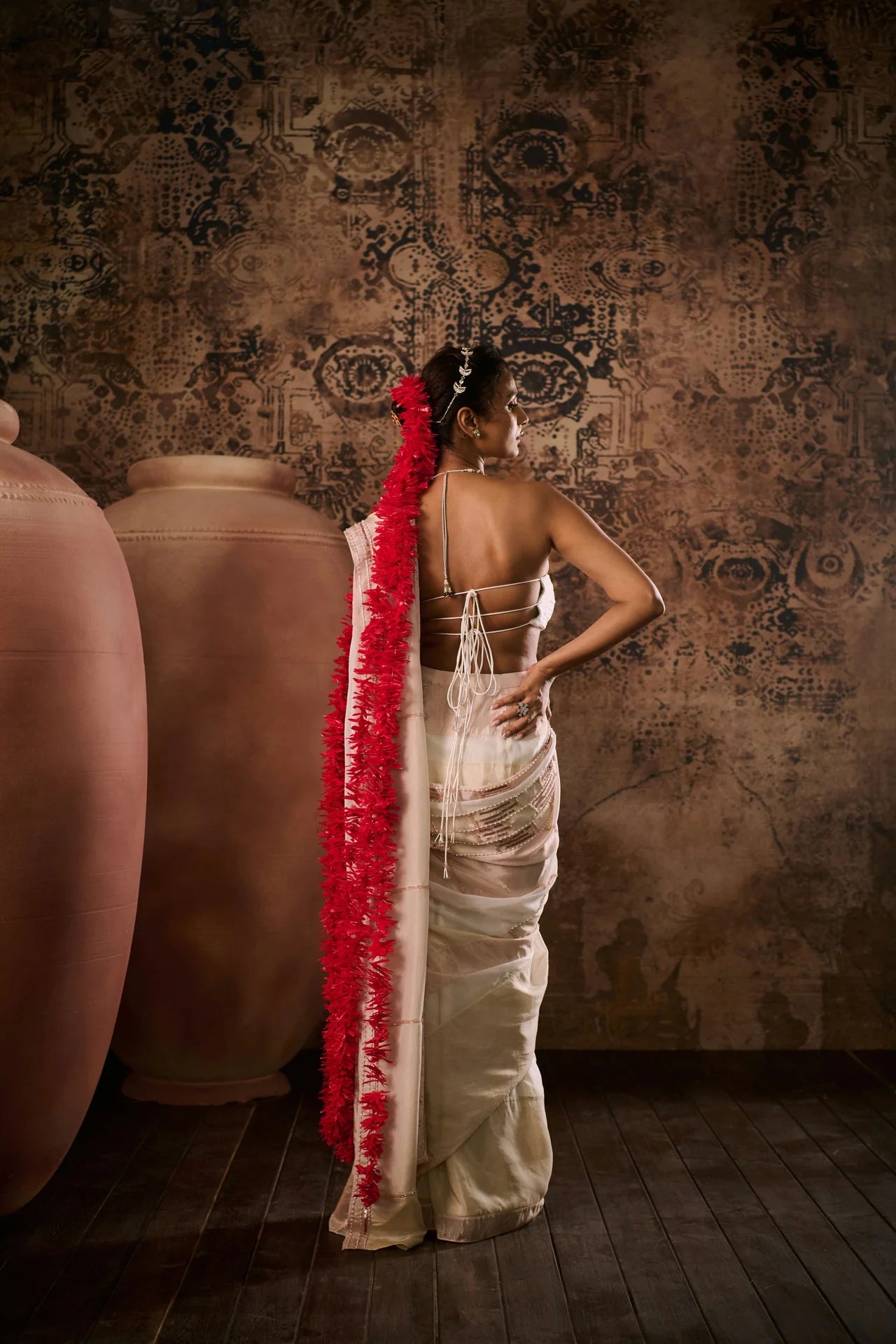 WHITE ORGANZA SAREE WITH PEACH & BEIGE TISSUE EMBROIDERED BLOCKS WITH WHITE BLOUSE