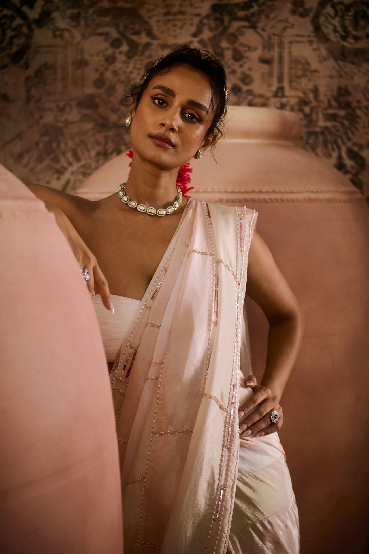 WHITE ORGANZA SAREE WITH PEACH & BEIGE TISSUE EMBROIDERED BLOCKS WITH WHITE BLOUSE