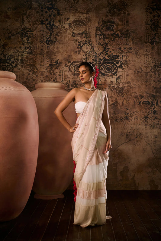 WHITE ORGANZA SAREE WITH PEACH & BEIGE TISSUE EMBROIDERED BLOCKS WITH WHITE BLOUSE