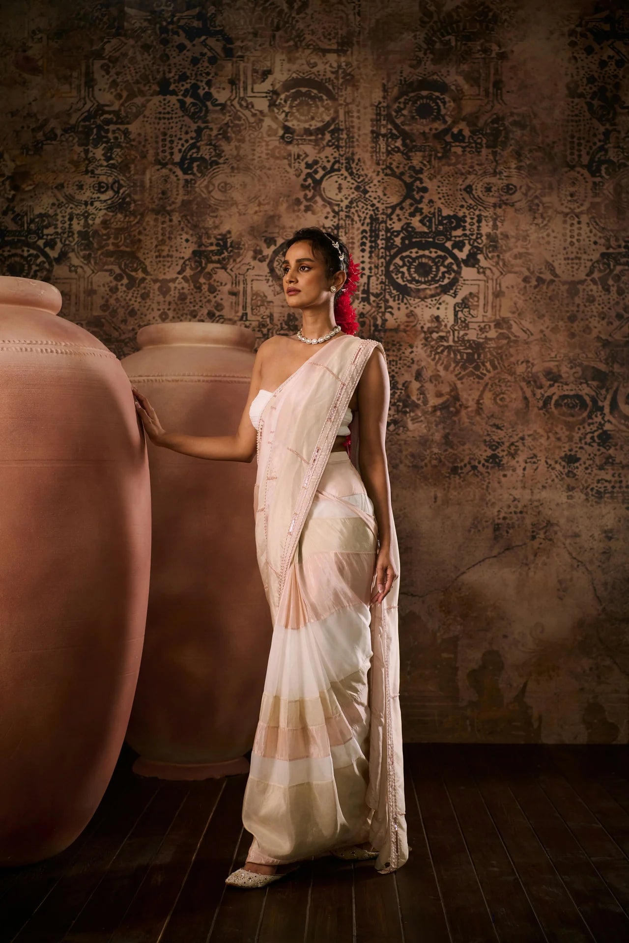 WHITE ORGANZA SAREE WITH PEACH & BEIGE TISSUE EMBROIDERED BLOCKS WITH WHITE BLOUSE