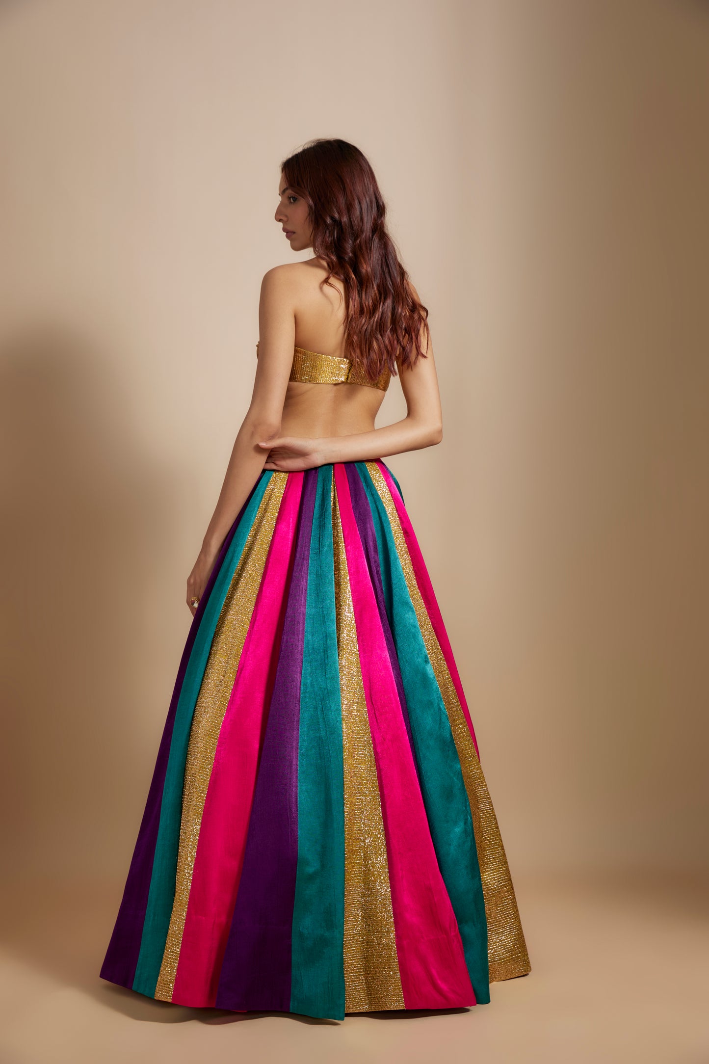 MULTI-COLORED SKIRT WITH BOW BLOUSE