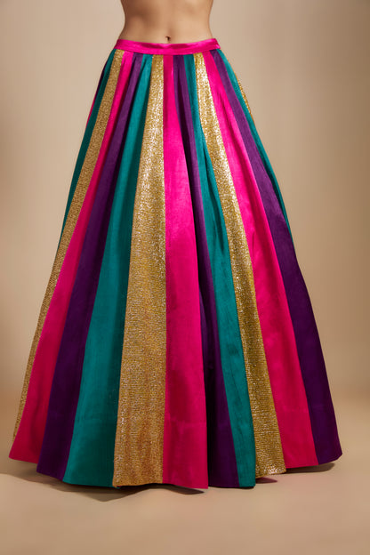 MULTI-COLORED SKIRT WITH BOW BLOUSE