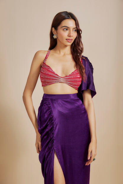 RED EMBOIDERD BLOUE WITH PURPLE SKIRT & DRAPE