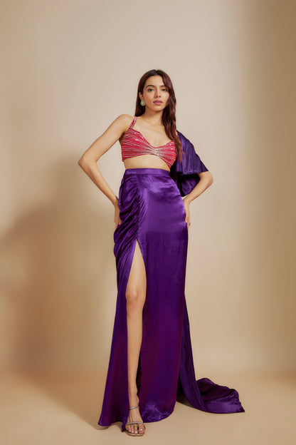 RED EMBOIDERD BLOUE WITH PURPLE SKIRT & DRAPE