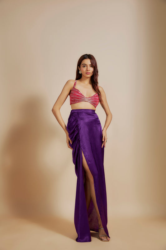 RED EMBOIDERD BLOUE WITH PURPLE SKIRT & DRAPE