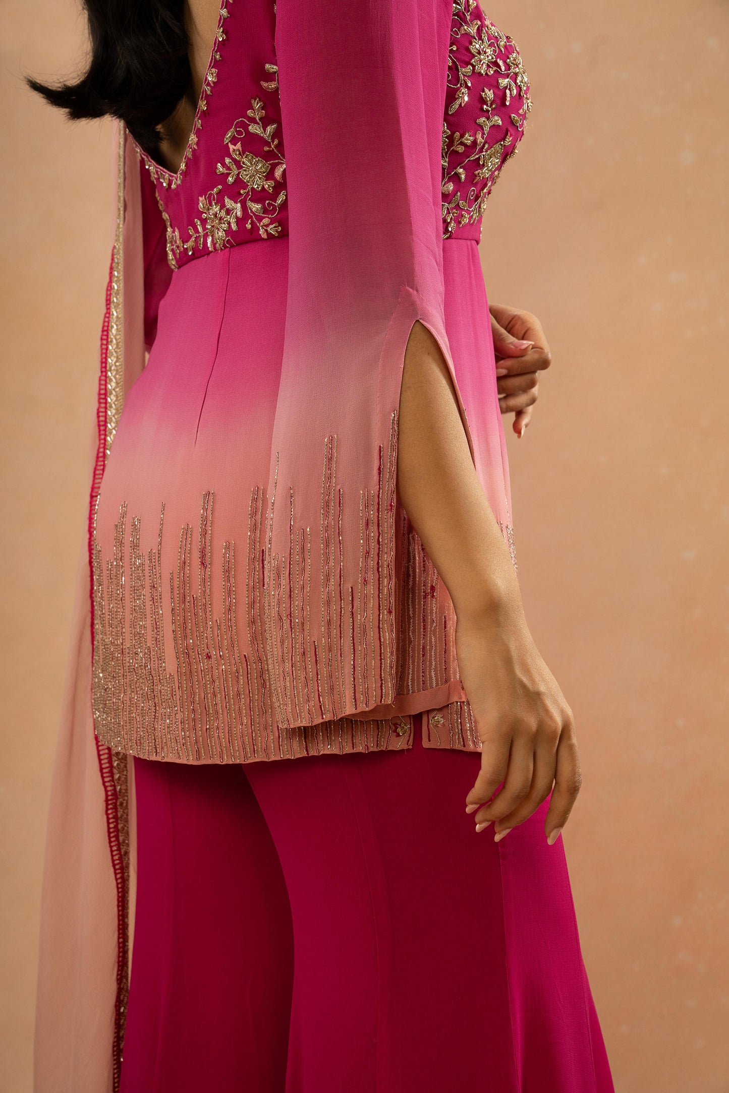 PINK AND PEACH SHADED SHORT KURTI SHARARA SET (SET OF 3)