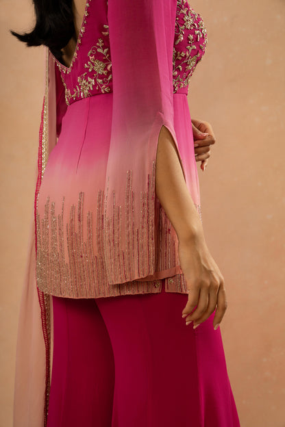 PINK AND PEACH SHADED SHORT KURTI SHARARA SET (SET OF 3)