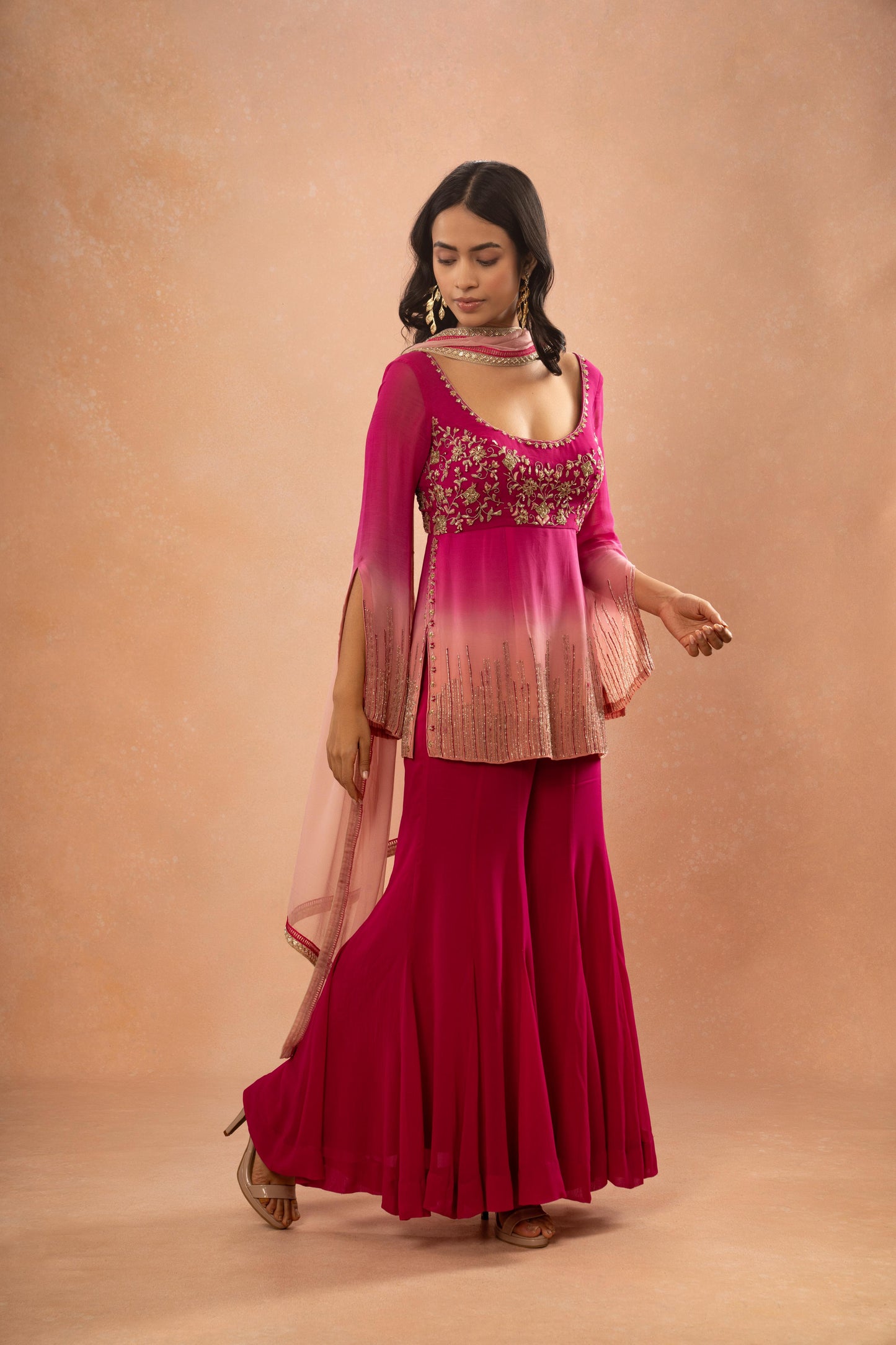 PINK AND PEACH SHADED SHORT KURTI SHARARA SET (SET OF 3)