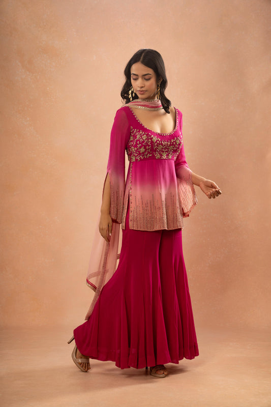 PINK AND PEACH SHADED SHORT KURTI SHARARA SET (SET OF 3)