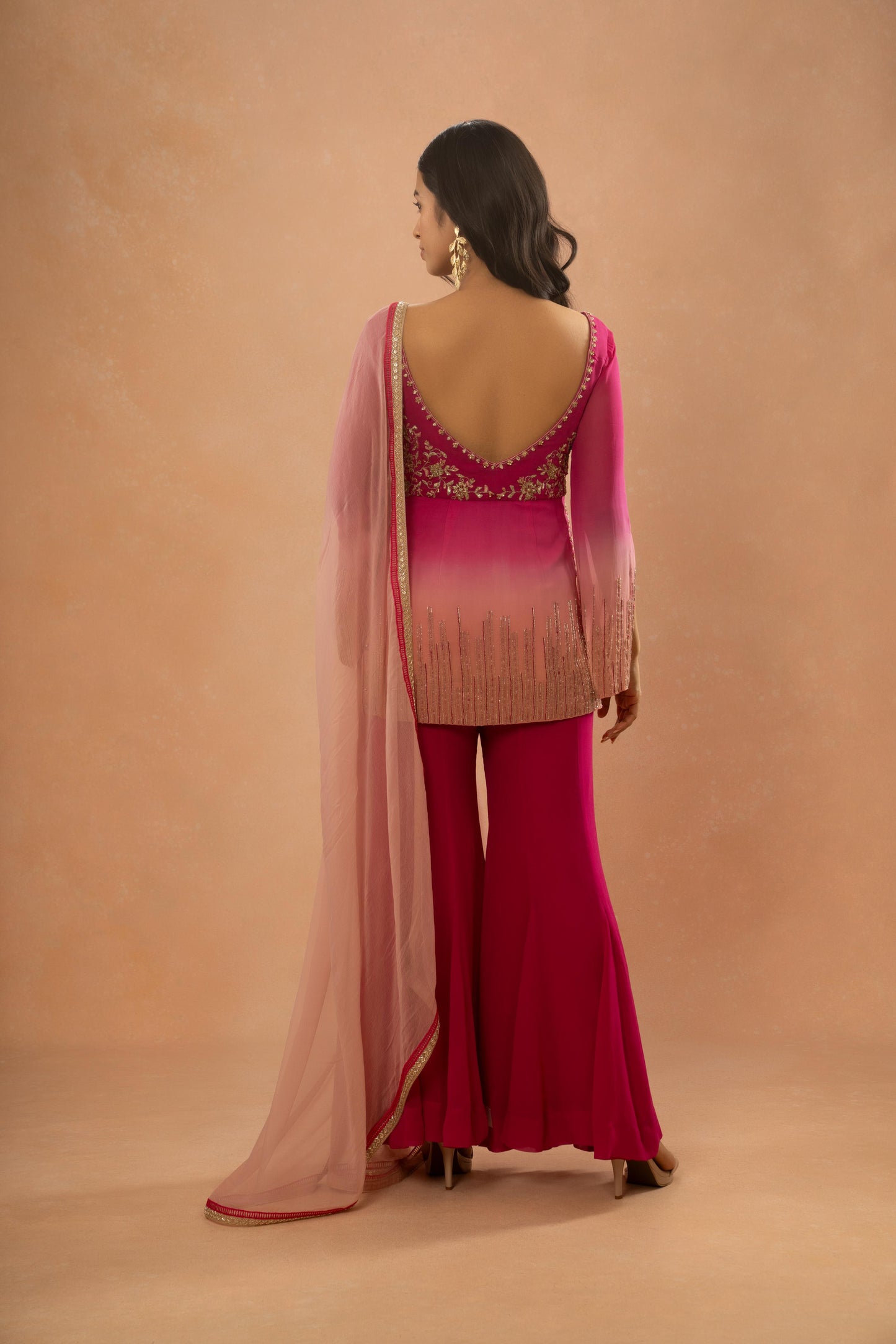PINK AND PEACH SHADED SHORT KURTI SHARARA SET (SET OF 3)