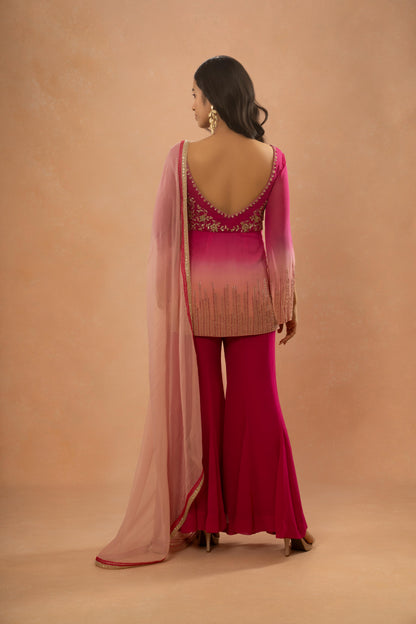 PINK AND PEACH SHADED SHORT KURTI SHARARA SET (SET OF 3)