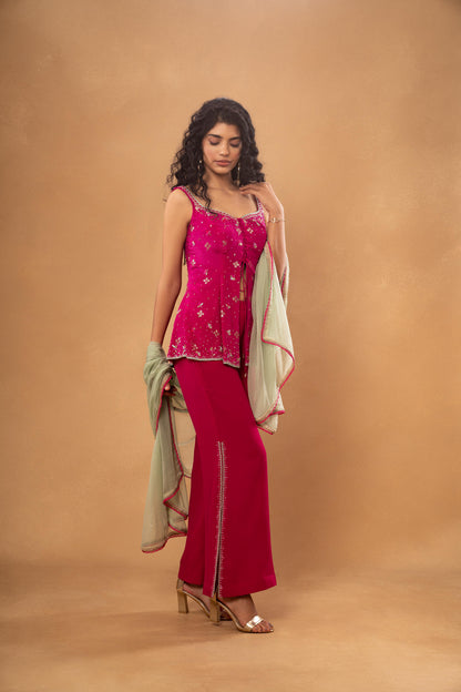 PINK EMBROIDERED SHORT KURTI PANT SET (SET OF 3)
